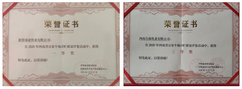 榮譽(yù) | “百家牛場青貯質(zhì)量評(píng)鑒活動(dòng)”花花牛新蔡瑞亞牧業(yè)、河南合源乳業(yè)分別榮獲一、三等獎(jiǎng)